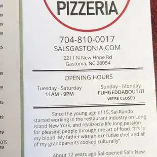 the menu for the restaurant