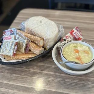 Chicken lemon rice and bread basket