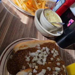 Chili dogs and fries, soup and chicken and dumplings