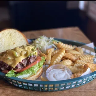 Cheeseburger with jalapeños known as the Hotwheel Burger