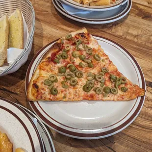 Cheese pizza with green olives