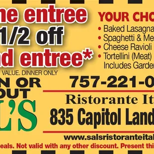 Baked Lasagna, Spaghetti and Meatballs &amp; Cheese Ravioli, oh my! Dine in or take out with this special offer.