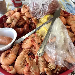 3lbs of shrimp, crawfish, side of sausages corn and potatoes! Tasty!