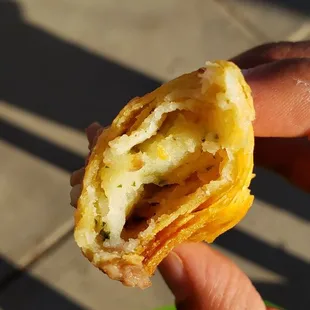 Interior of flautas de papa ($11). Can be made vegan w/o cheese &amp; sour cream. Fabulous.