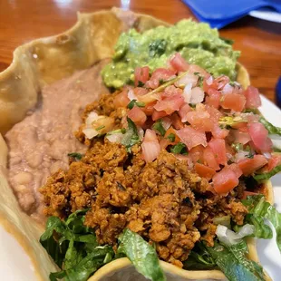 Taco Salad with vegan chorizo (omit cheese and sour cream) - so good!