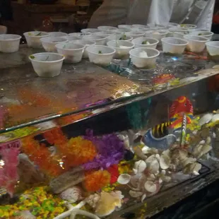 Using the ice aquarium to chill the Caribbean salsa!