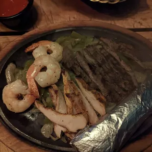 Chicken, shrimp and beef fajitas
