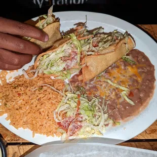 Beef tacos, rice and beans