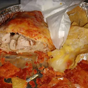 Chicken and cheese enchiladas with chips