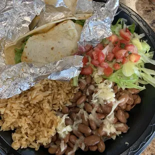 Taco plate with pinto beans and rice