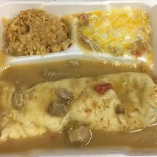 Burrito dinner smothered with green chile