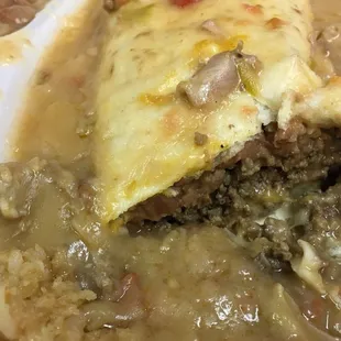 Cutaway of smothered beef burrito