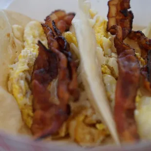 Bacon and egg breakfast taco. Bfast @ Salsa Limón is incredible and served all day.