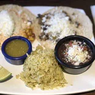 Two taco dinner: cheese and mushroom taco, rice beans and salsa