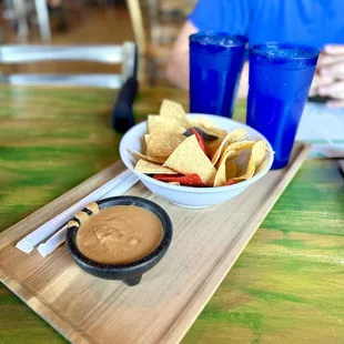 Complimentary chips and beans to accompany the full salsa bar