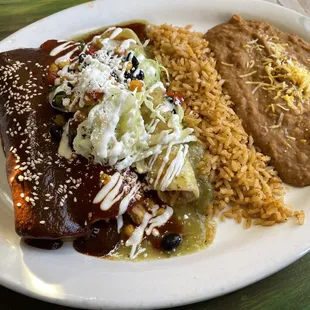 Tres Chicken Enchiladas with mole, roja, and verde sauces!