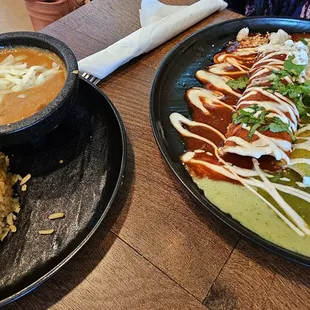 Enchiladas, various fillings. Rice and beans.