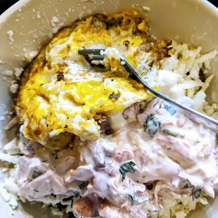 My steak, queso, Mexican slaw bowl with egg