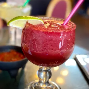 Pomegranate margarita with sugar rim!