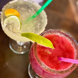 House margarita with salt rim (left) and pomegranate margarita with sugar rim (right)