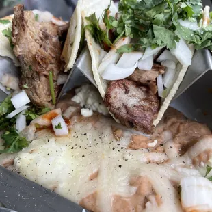 Tacos and refried beans.