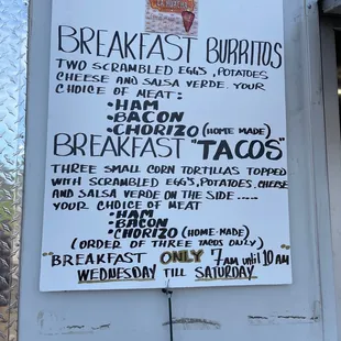 a menu on a food truck