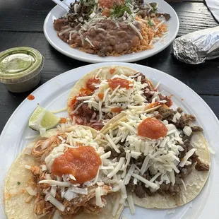 Carne Asada bowl (top), 3 tacos below
