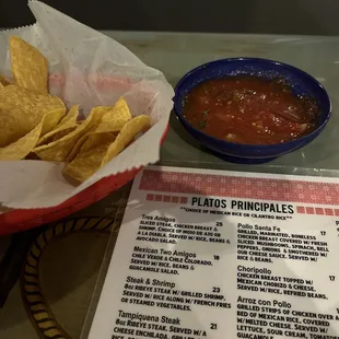 Chips, salsa and menu