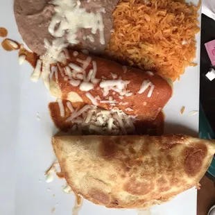 A burrito and a quesadilla