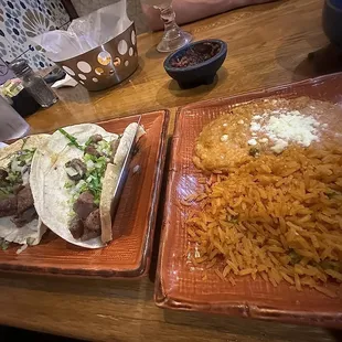 Rice, beans, and asada tacos