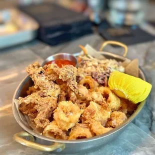 Fried Rhode Island Calamari - mae ploy, wasabi slaw.  Calamari good, wasabi slaw not good at all.