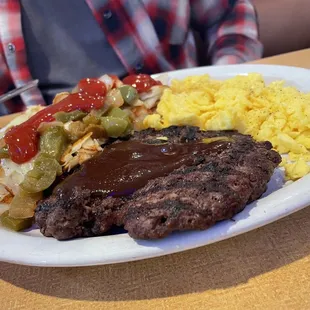 Eggs, Ground Beef &amp; Country Potatoes. Came with Pancakes.