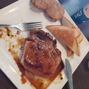 Pork chop and fried green tomatoes. Perfect lunch portion