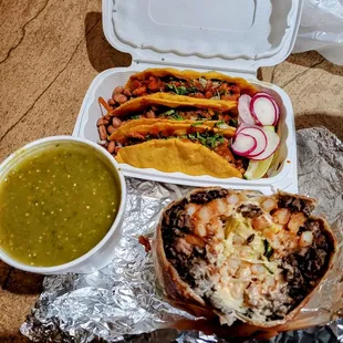 Lulu's tacos, green salsa &amp; California burrito no pico