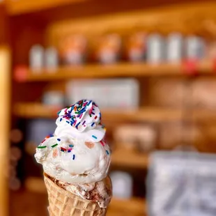 $10,25 double Salted Malted Chocolate Chip Cookie Dough (big scoop), rainbow sprinkles, whipped cream