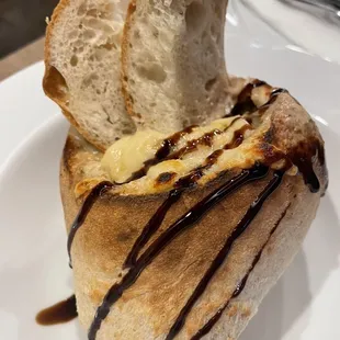 Stroganoff with sliced beef tenderloin - in a fresh backed bread bowl.