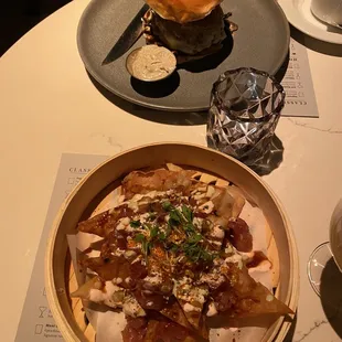 Tuna tartare nachos and Wagyu burger