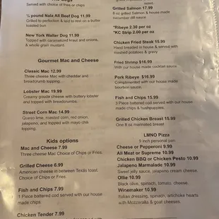 Dogs, Mac, kids options entrees and pizza