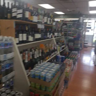the aisle of a liquor store