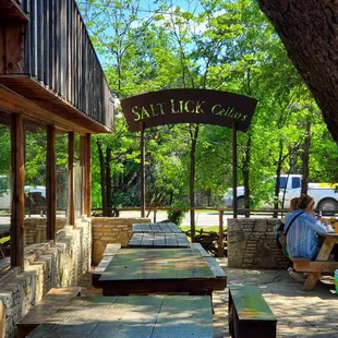 tables and benches outside