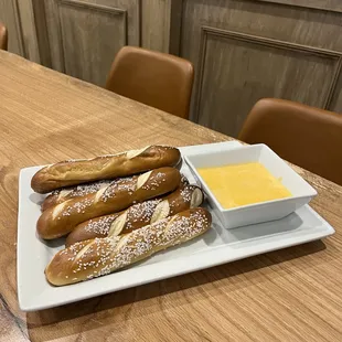 Soft pretzel sticks with beer cheese