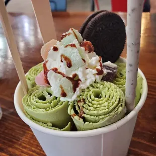 Matcha rolled ice cream