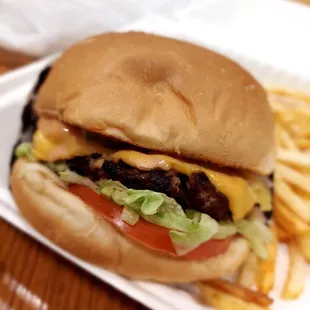 Lamb burger and fries