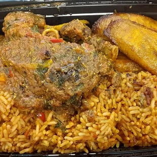 Goat jollof rice with plantains