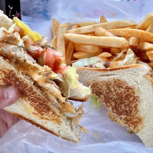 Grilled Chicken Sandwich, w/ seasoned fries. Delish! A LOT of lunch right there; I took half of it home to enjoy later.