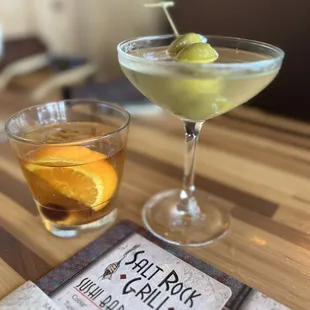 Old Fashion, martini with blue cheese stuffed olives.