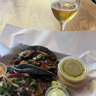 Pork adobado taco, Shrimp Taco and 5 ounce cider