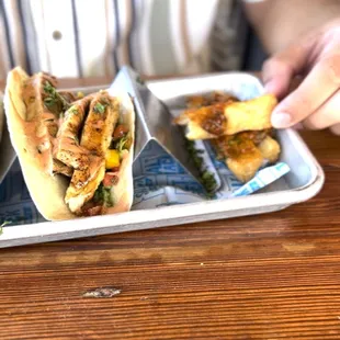 Chicken tacos with yuca fries and Sofrito sauce