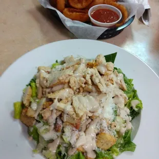 Large Chicken Caesar Salad + Onion Rings