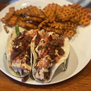 Blackened Tuna BLT Tacos w/ Chipotle Aioli, sweet Potato Fries